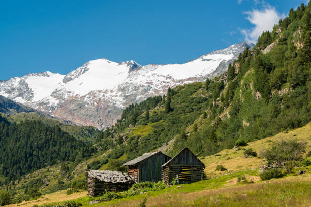Several small rustic alpine huts in front of the Oetztal Alps along the border between Austria and Italy. The view is next to the Timmelsjoch pass road which connects North- and South Tyrol (Austria and Italy).