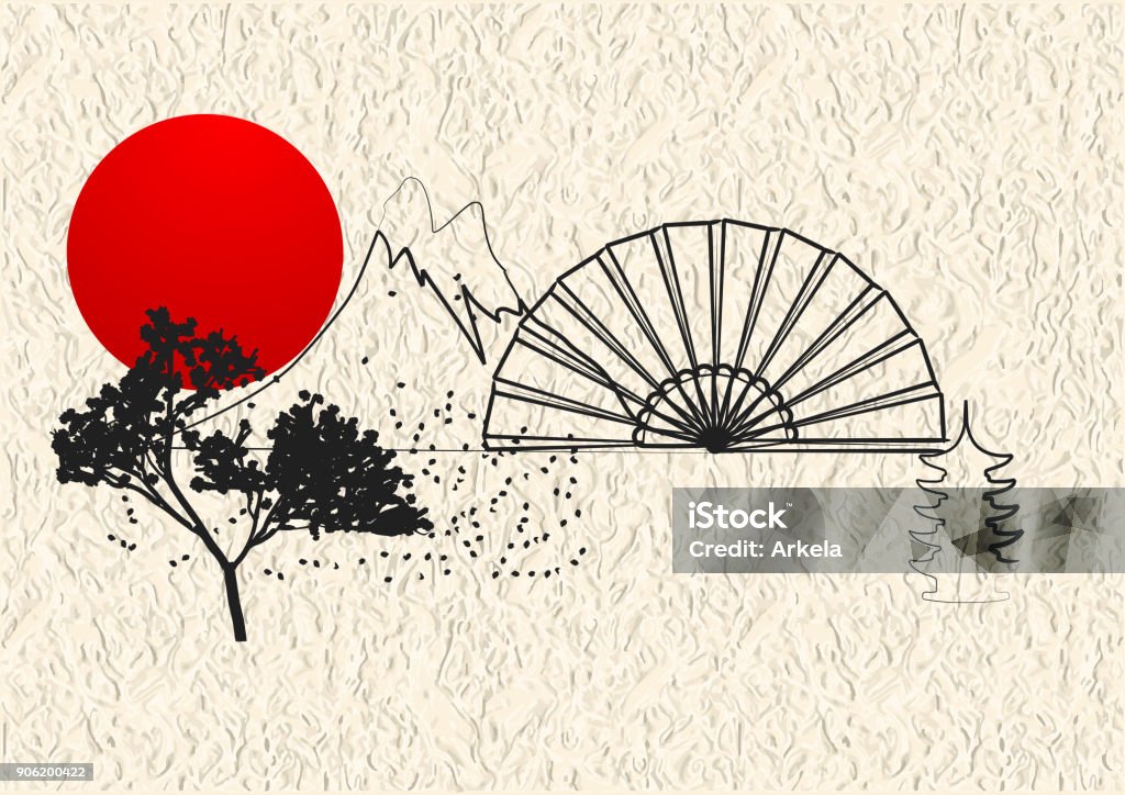 Japan style element Japan style elements with sun and  blossom tree Abstract stock vector