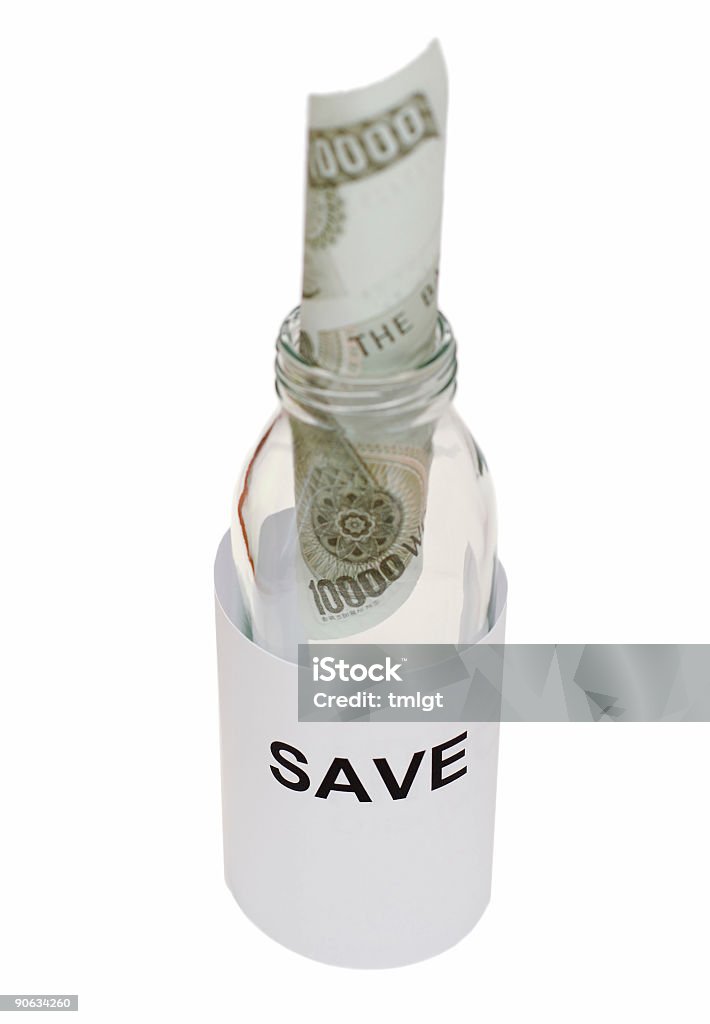 Botella de mensaje "Guardar el dinero" - Foto de stock de Ahorros libre de derechos