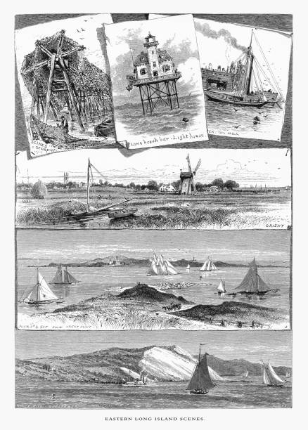 illustrazioni stock, clip art, cartoni animati e icone di tendenza di scene di eastern long island, new york, stati uniti, american victorian engraving, 1872. - long island 19th century style usa north america