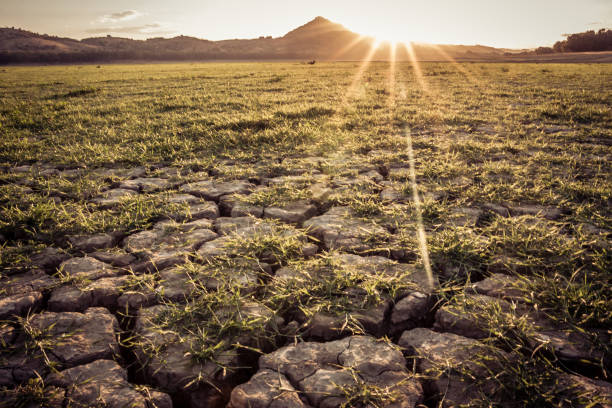 raios solares na terra seca e rachada ao pôr do sol - drought scarcity desert dry - fotografias e filmes do acervo