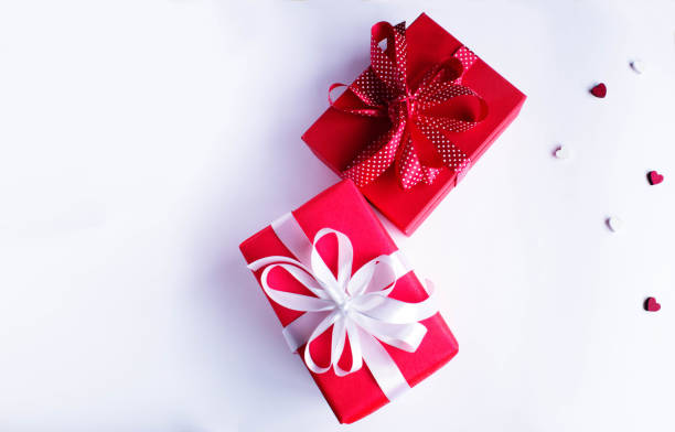 istock Gift boxes isolated on white background. Top view. Valentines day concept 906357432