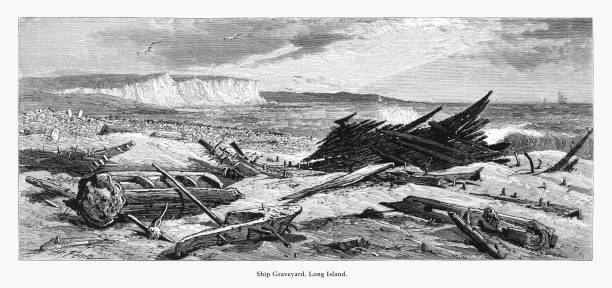 illustrazioni stock, clip art, cartoni animati e icone di tendenza di ship graveyard, east hampton, long island, new york, stati uniti, american victorian engraving, 1872 - long island 19th century style usa north america