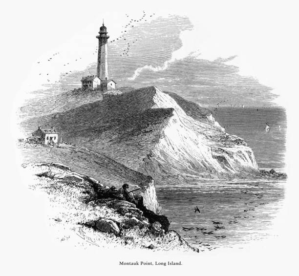 монтаук-пойнт, ист-хэмптон, лонг-айленд, нью-йорк, сша, американская викторианская гравюра, 1872 - the hamptons long island lighthouse stock illustrations