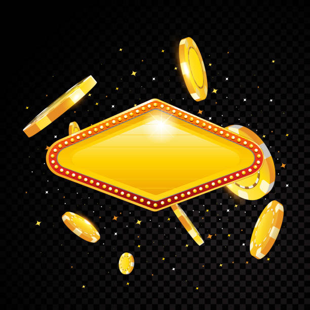 Golden vector casino vegas sign with poker chips explosion vector art illustration