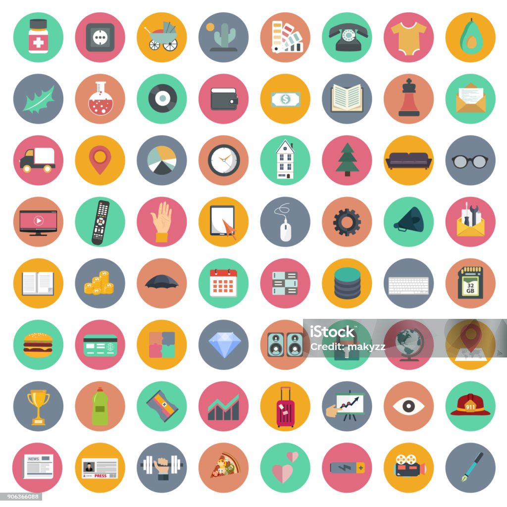 Set di icone per siti Web e applicazioni mobili. Insieme universale. Illustrazione vettoriale piatta - arte vettoriale royalty-free di Cerchio