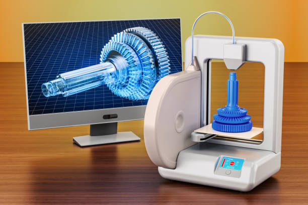 3d printer with computer monitor on the wooden table. 3D rendering