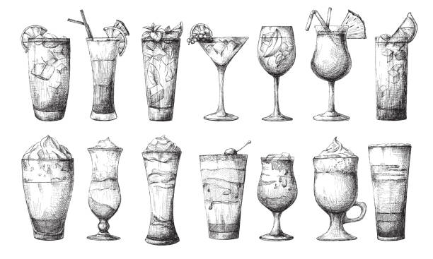 ilustrações de stock, clip art, desenhos animados e ícones de big set of different glasses, different cocktails. vector illustration of a sketch style. - martini glass