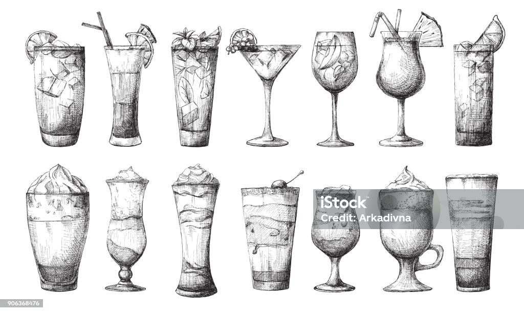 Big set of different glasses, different cocktails. Vector illustration of a sketch style. Cocktail stock vector