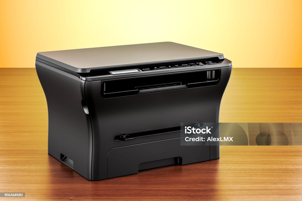 office multifunction printer MFP on the wooden table. 3D rendering Close-up Stock Photo