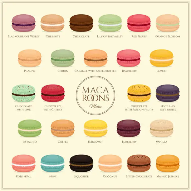 Vector illustration of Different types of macaroons. Macaroons  menu. Set of different taste cake macarons. Flat style, vector illustration.