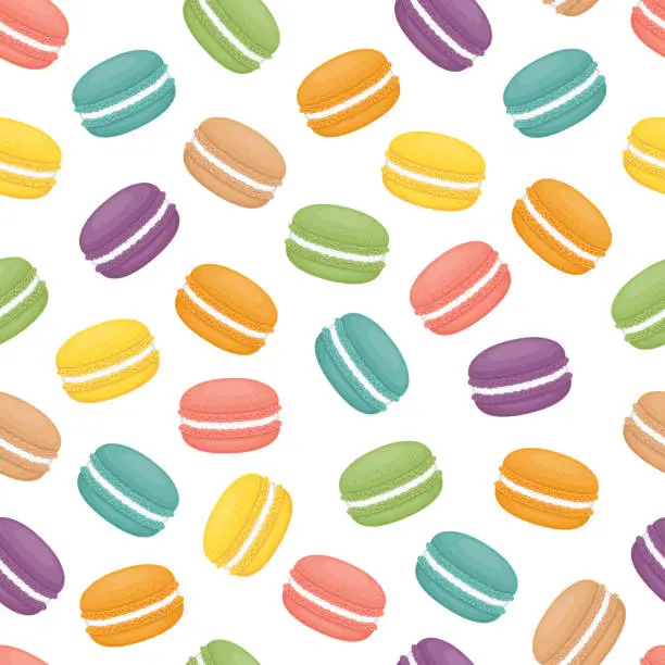 Vector illustration of Seamless pattern with macaroons. Colorful macarons cake. Flat style, vector illustration.