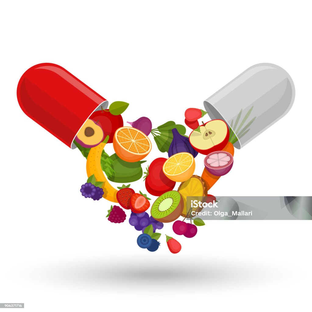 Capsula medica con frutta e verdura. Vitamine e integratori. Frutto diverso in capsula. Stile piatto, illustrazione vettoriale. - arte vettoriale royalty-free di Integratore vitaminico