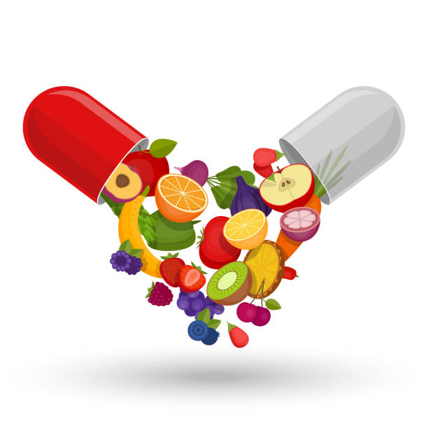 ilustrações de stock, clip art, desenhos animados e ícones de medical capsule with fruit and vegetables. vitamins and supplements. different fruit in capsule. flat style, vector illustration. - suplemento nutricional