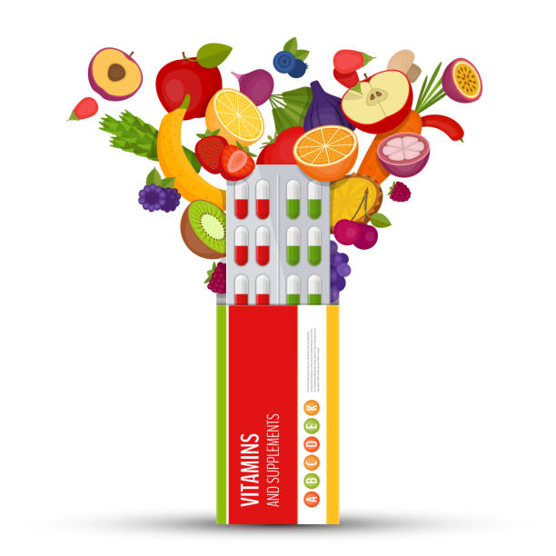 ilustraciones, imágenes clip art, dibujos animados e iconos de stock de blíster de píldoras con fruta. vitaminas y suplementos. plano de estilo, ilustración del vector. - vegetable vitamin a tomato vitamin c