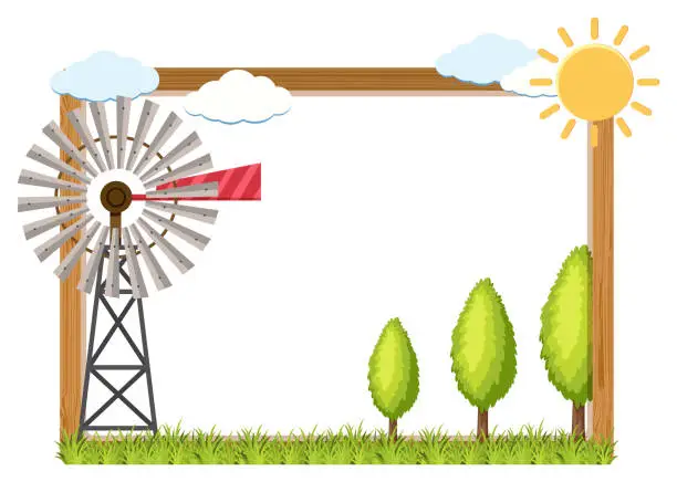 Vector illustration of Frame template with wind turbine and trees