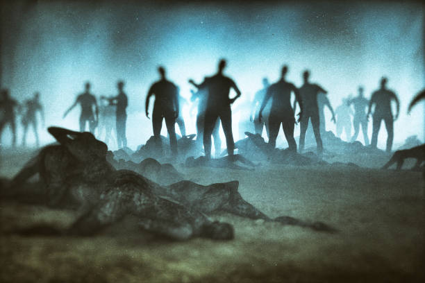 фэнтези характер против зомби орды - pollution street city street fog стоковые фото и изображения