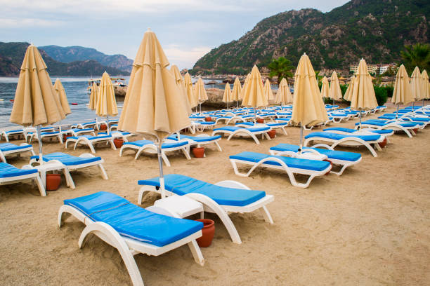 istock Sun loungers on a beach in Turkey 906393282