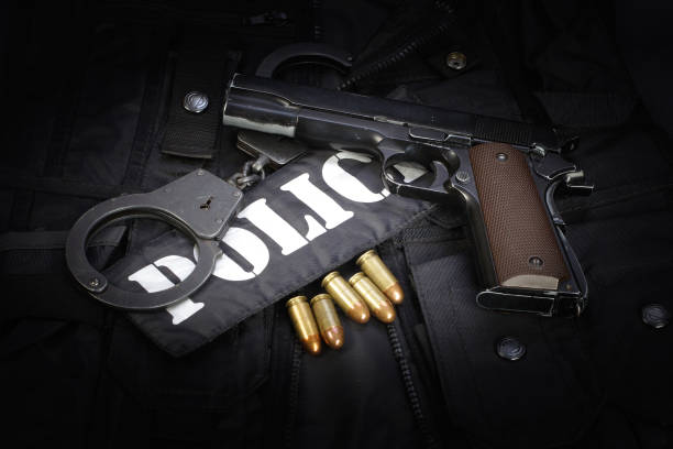 istock Police equipment on black background 906398812