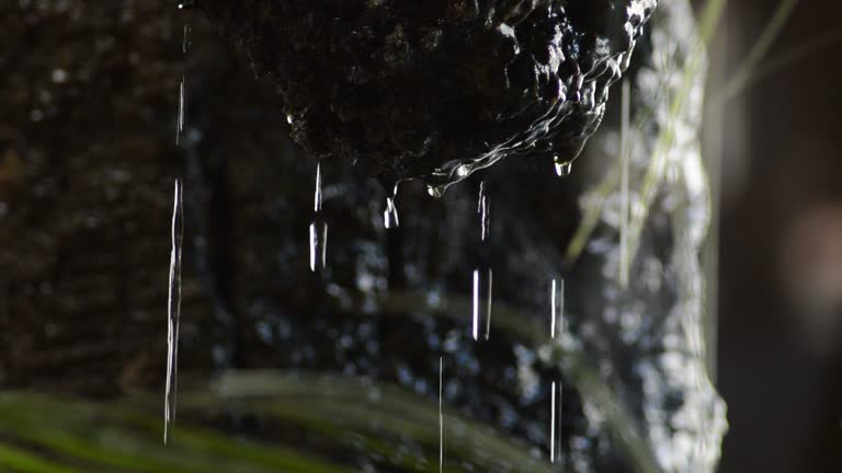 Stalactite rock with water sliding and falling