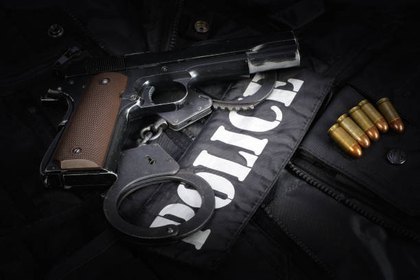 istock Police equipment on black background 906399154