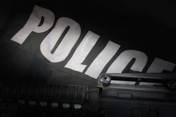 istock Police equipment on black background 906402056
