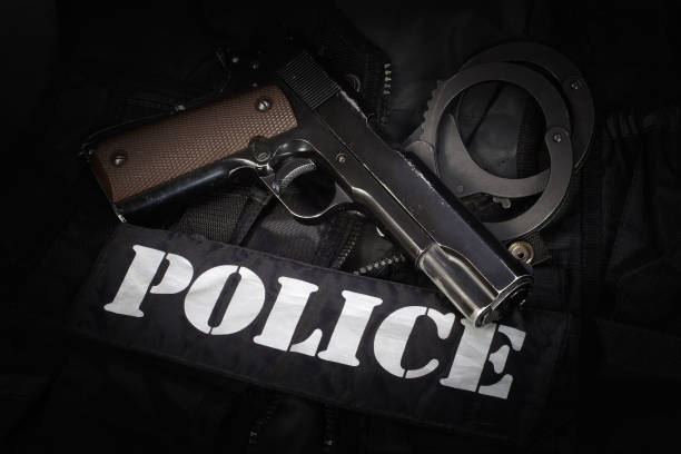 istock Police equipment on black background 906402734