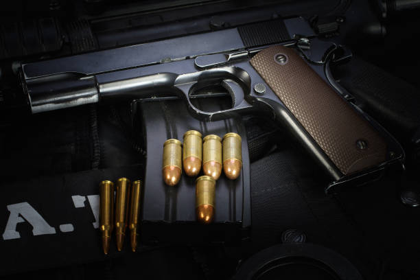 istock Police equipment on black background 906403002