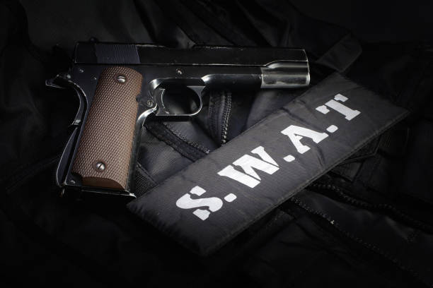 istock Police equipment on black background 906407604