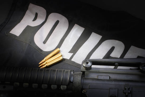 istock Police equipment on black background 906407752
