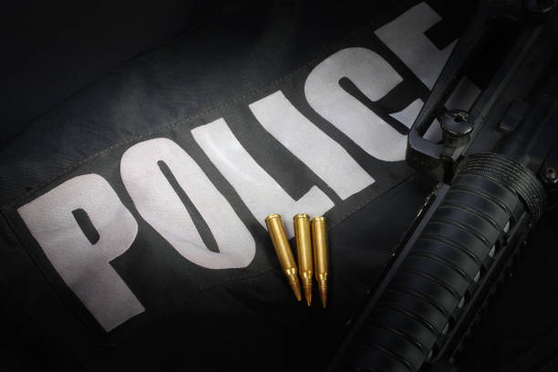 istock Police equipment on black background 906410522