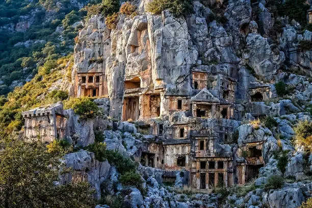 Photo of Lycian rock cut tombs in Myra in Turkey