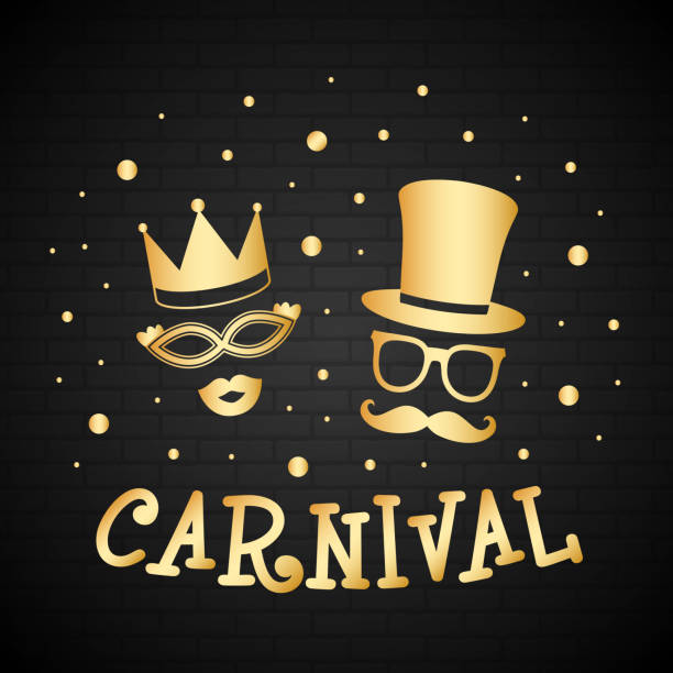 ilustrações de stock, clip art, desenhos animados e ícones de carnival card with funny masks - poster for carnival party. vector. - costume mustache child disguise