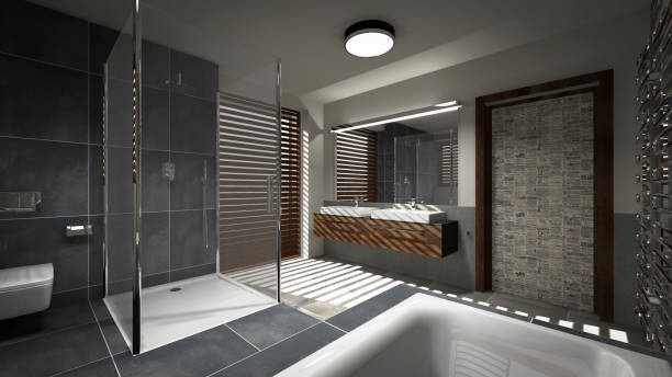 baño moderno de lujo 3d render realista - reflection on the water fotografías e imágenes de stock