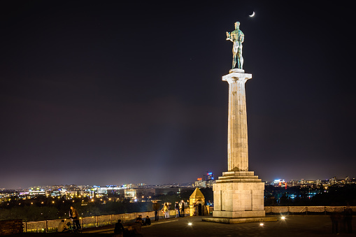 Belgrade, Serbia March 30, 2017: Kalemegdan fortress and Statue of the Victor in Belgrade at night