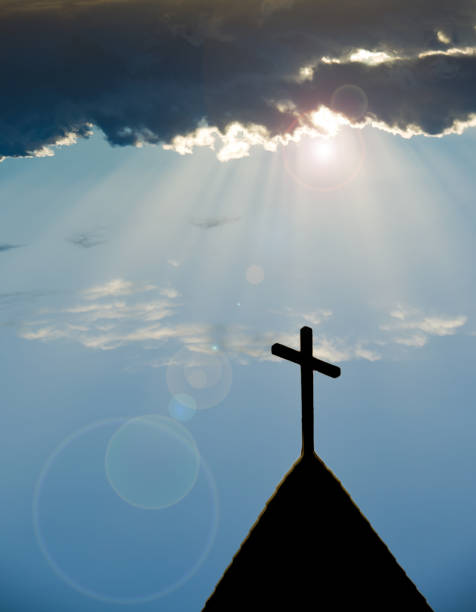istock Church steeple silhouette, clouds, sunrise with copy space 906465254