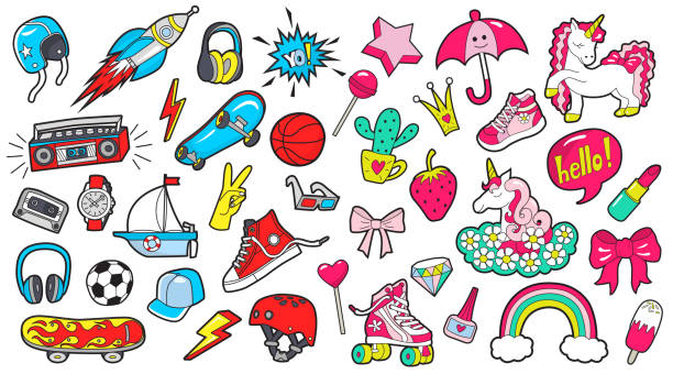 ilustraciones, imágenes clip art, dibujos animados e iconos de stock de gran conjunto de parches de color de niña y de niño en blanco - insignia accesorio personal ilustraciones