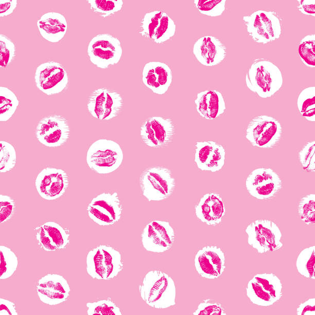 istock Lips seamless pattern on polka dot background. Black and pink lips fashion print wrapping paper. World kiss day, Valentine's day, love. Vector. 906512112