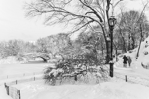 The snow filled landscape near the duck pond and stone bridge in Central Park.