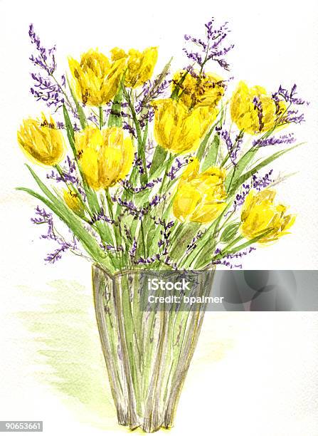 Botânico Belezajarra De Túlipas E Limonium - Fotografias de stock e mais imagens de Amarelo - Amarelo, Copo, Cor verde