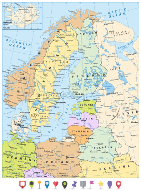 istock Northern Europe Political Map and Flat Pin Icons 906548228