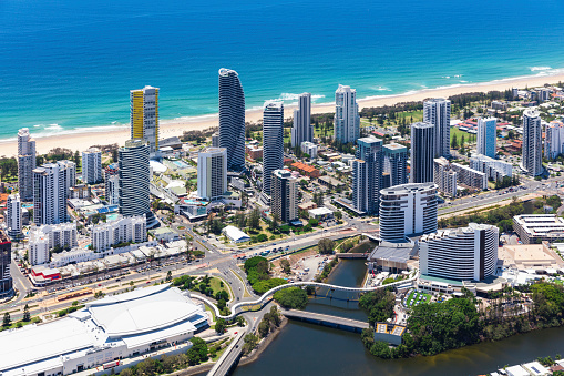 Aerial view of Broadbeach with the convention centre and casino on the Gold Coast, Queensland, Australia
