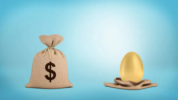 3d rendering of a tied-up brown sack with a dollar sign near an open sack with a large golden egg. Business risk. Pig in poke. Money bag.