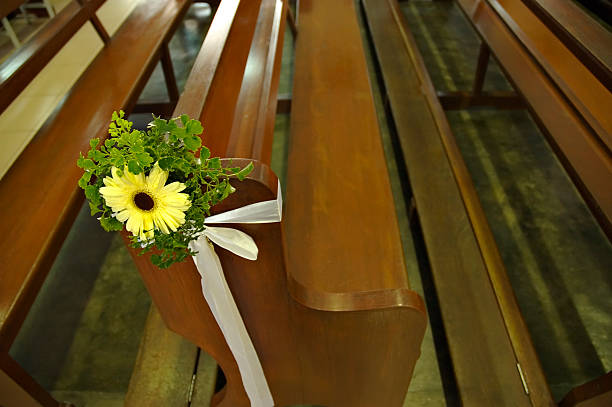 istock Chrysanthemum flower tied to the pew 90657170