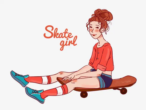 Vector illustration of Girl with skateboard