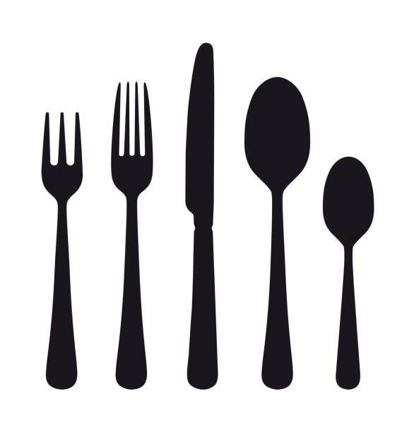 контуры столовых приборов. ложка, нож, вилки. - fork kitchen utensil spoon eating utensil stock illustrations