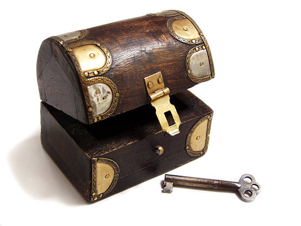 Open chest A delightful little embossed metal and hard wood chest with an old key. key package stock pictures, royalty-free photos & images