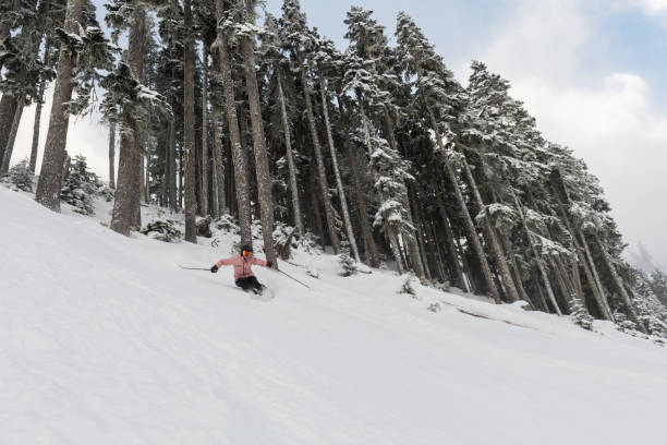 istock Female athlete powder skiing 906587906