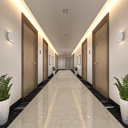 3D Render lujo moderno madera y azulejo hotel corredor photo
