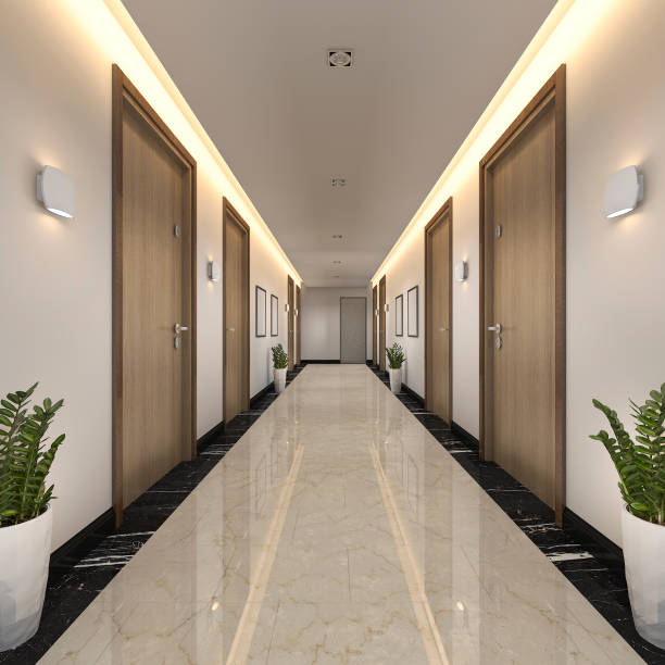 3d rendu luxe moderne bois et tuile hôtel corridor - hotel corridor entrance hall entrance photos et images de collection